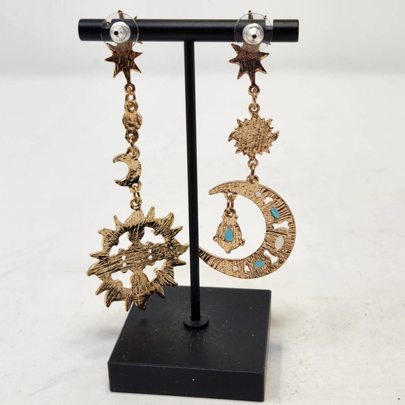 Crescent Moon Sun Dangle Post Earrings Gold Tone Cream Green Enamel Rhinestones - Picture 4 of 5